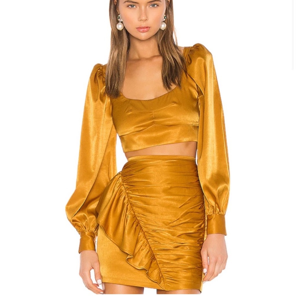 Camila‎ Coelho Revolve Gabriella Mustard Yellow Satin Set Kaylee Skirt